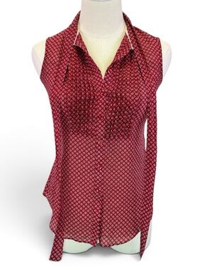 Tommy Hilfiger Women’s Red Geometric Pleated Sleeveless Neck Tie Blouse Size 2
